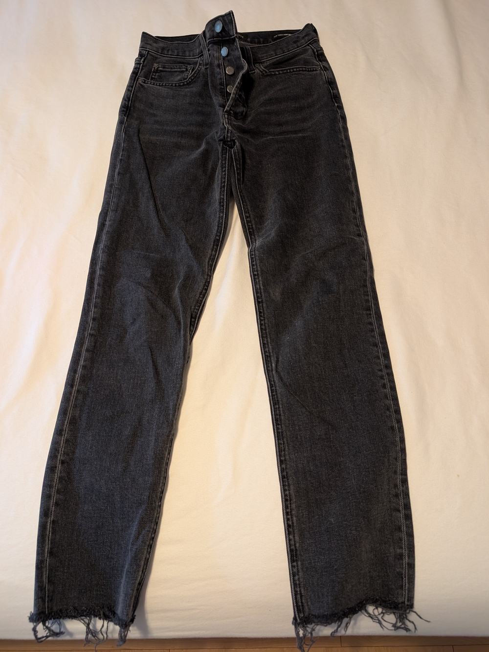 Aritzia Denim Forum Yoko High Rise Black Washed Straight-Leg Jeans with Raw Hem